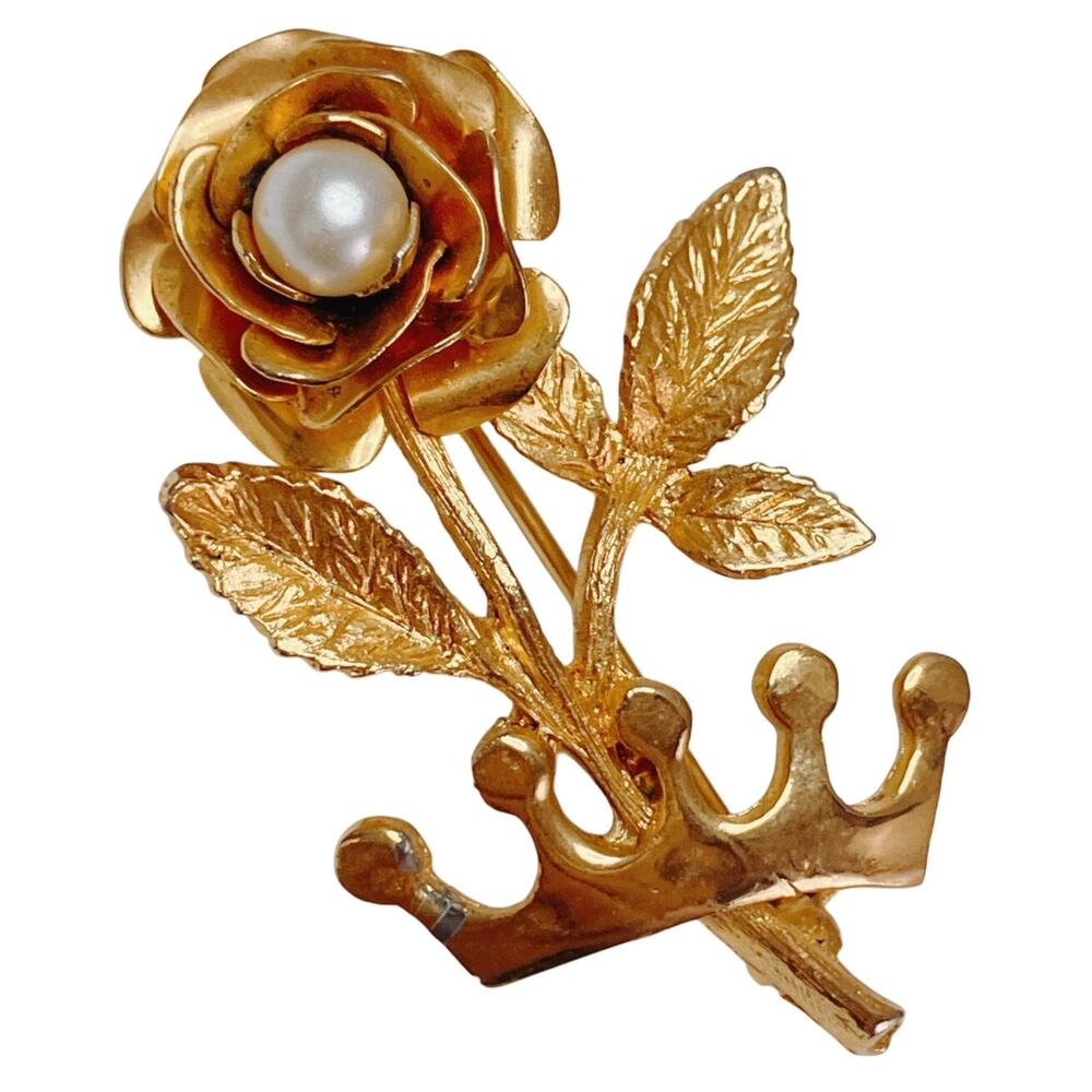 Vintage 1950s Gold Tone Rose Pearl Crown Brooch Mid Century Regal Romantic Pin